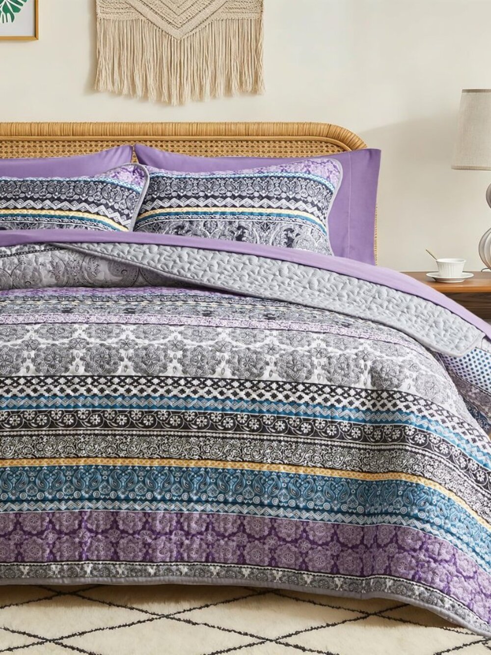 3 Pieces Colorful Boho Quilt Set King Size, Purple n Grey Bohemian Striped